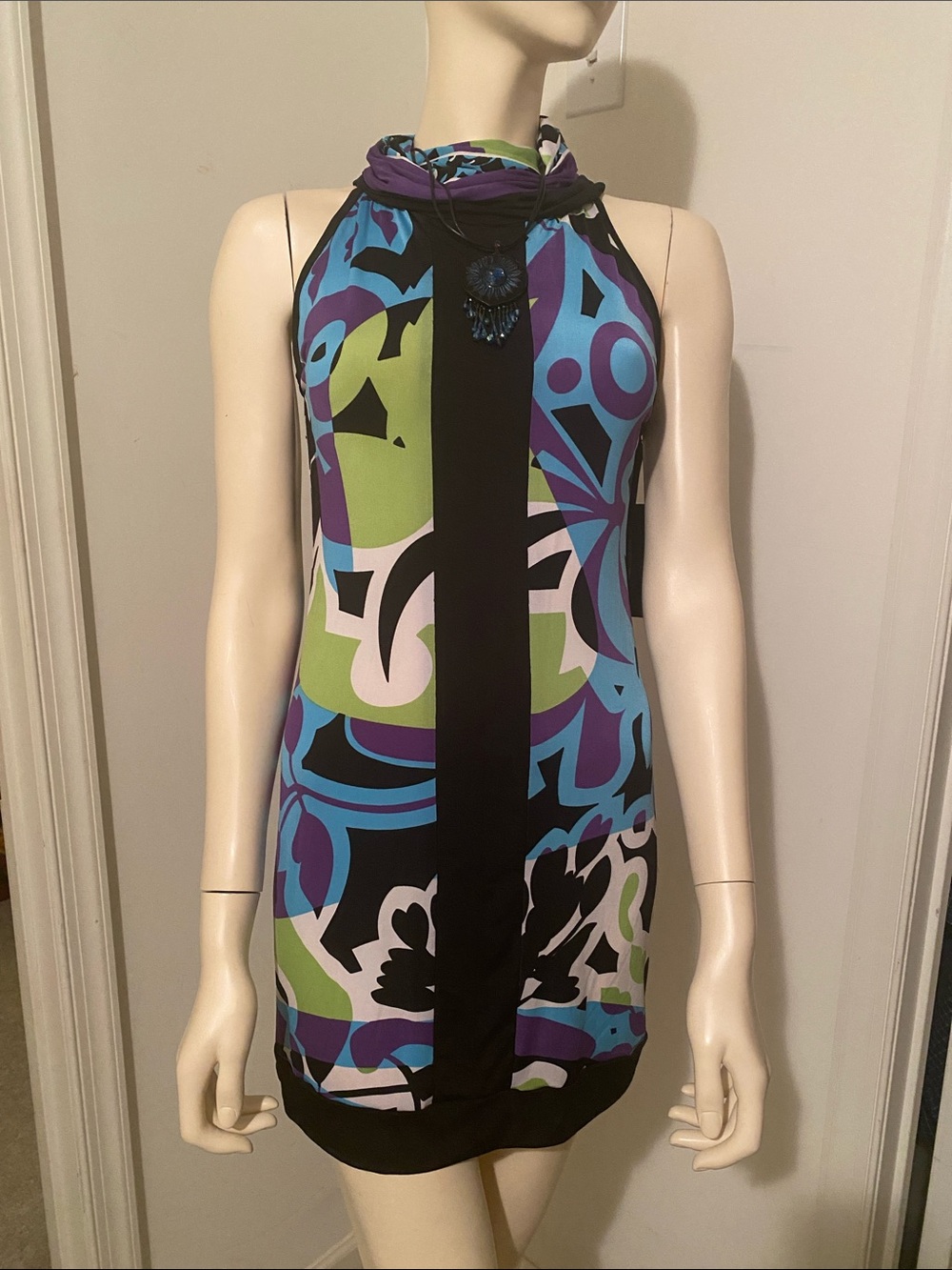 Analili Multicolor Abstract Halter Mini Dress with Black Center Panel